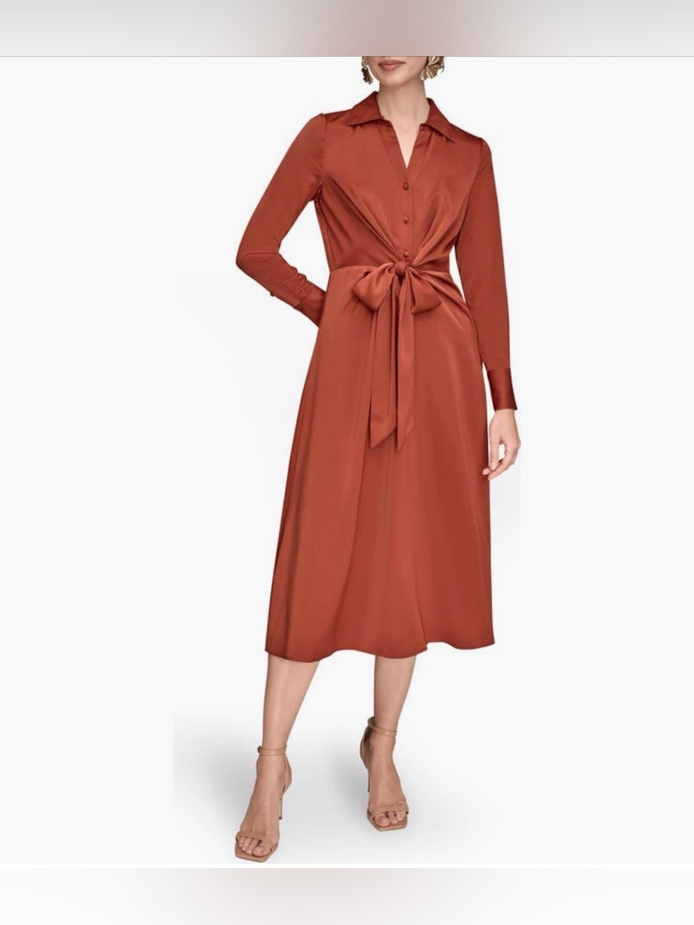 Donna Karan 
 satin midi shirt dress features a polished tie-front design